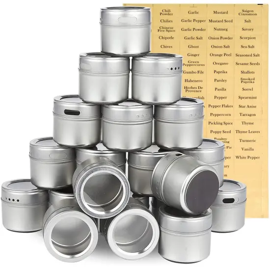 20 Pack Magnetic Spice Containers for Refrigerator with 94 Labeling Stickers, Seasoning Jars with Clear Sift and Pour Top Lids (3.4 oz) Silver {1}