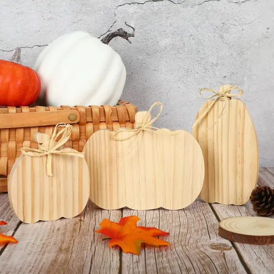 3Pcs Unfinished Pumpkin Wooden Cutout with Natural Raffia Pumpkin {2}