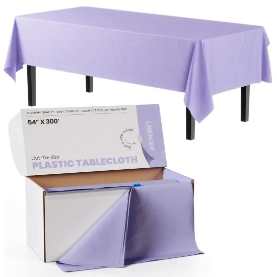  Party Solids 54" x 300' Plastic Table Cover Roll with Slide Cutter &ndash; Cut-to-Size Dispenser Box &ndash; Makes Up to 36 Disposable 8' Rectangle Tablecloths by Exquisite Lavender {1}
