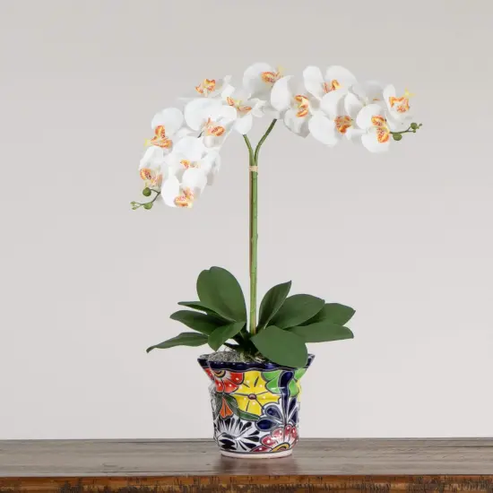 Nearly Natural Double Orchid Artificial Floral Arrangement in Mexican Talavera Planter - 26" White {1}