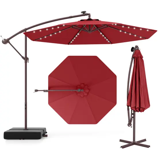 Costway Patio 10FT Hanging Offset Umbrella 32 LED Lights Sand Bag Outdoor Cross Base Beige/Turquoise/Dark Gray/Wine/Coffee/Navy {1}