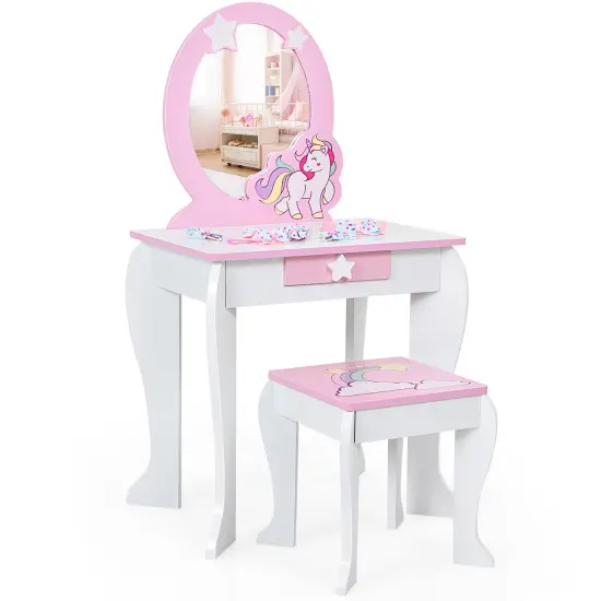 Costway Kids Vanity Makeup Dressing Table Chair Set Wooden W/ Mirror Drawer {2}