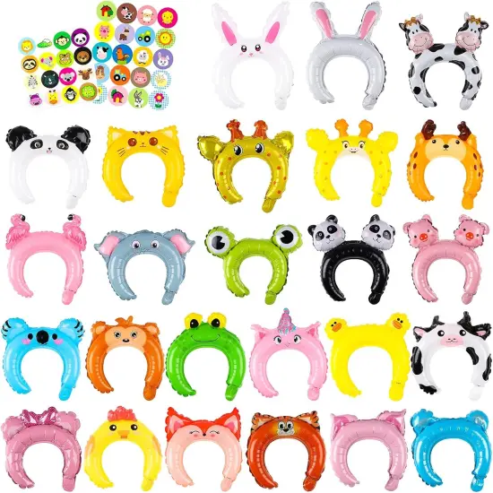 50p Zoo Animal Inflatable Headbands Wildlife Balloon Hair Hoop Include Forest Safari Farm Animals Jungle Theme Birthday Party Supplies with Animal Stickers Party Favors Costumes for Kids {1}