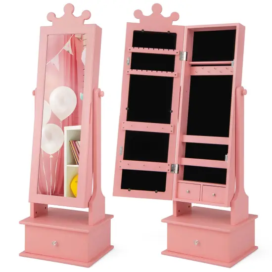Costway Kid Freestanding Jewelry Armoire 2-in-1 Full Length Mirror Storage Drawer Pink/White {7}
