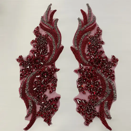 1 Pair 14" x 4" Each Side Crystal Rhinestone Beaded & Corded Lace 100% Polyester Gold AB {7}