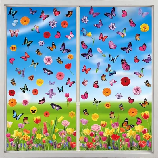 Spring Window Clings Stickers - Enchant Your Glass Windows with 127 Pieces on 9 Sheets - Tulip, Butterfly, and Flower Designs for a Colorful Home D&eacute;cor {4}