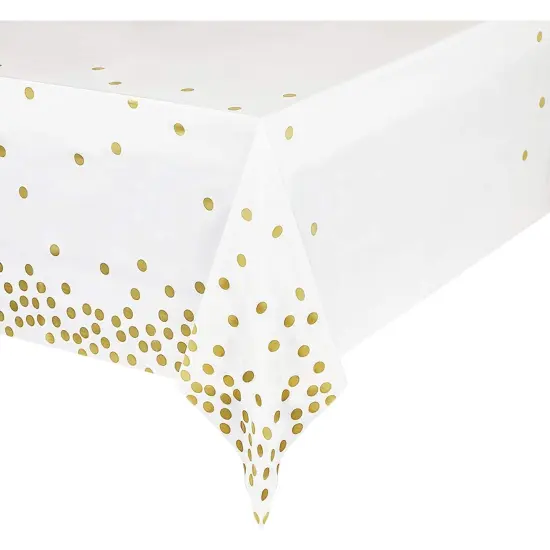 6 Pack Plastic White and Gold Tablecloth with Gold Polka Dot Confetti, Rectangular Party Table Covers (54 x 108 in, 6 Pack) Multicolor {1}