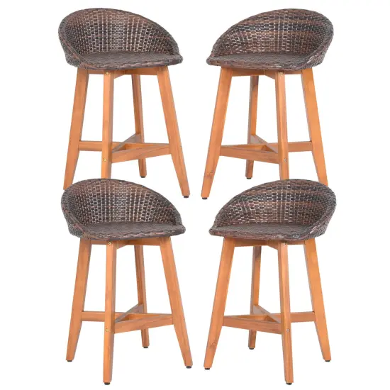 Costway Outdoor Faux Rattan Bar Chairs Set of 2/4 Solid Acacia Wood Bar Stools for Porch Brown/Gray {8}