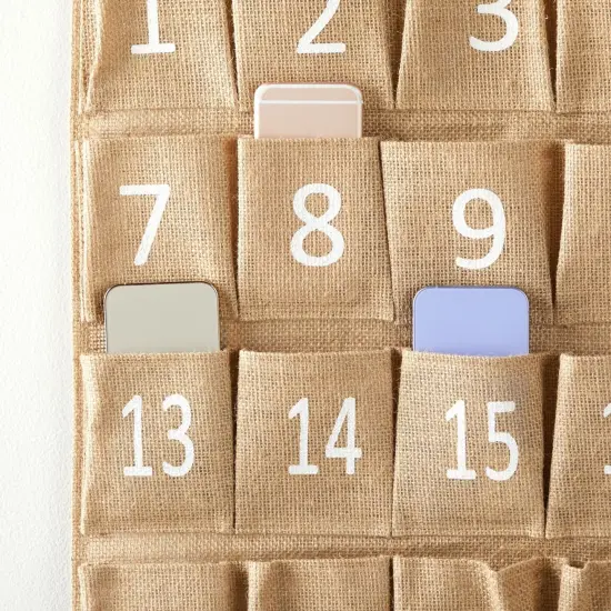30-Row Burlap Cell Phone Holder for Classroom, Farmhouse Designed White Numbered Hanging Pocket Organizer for Mobile Phones, Calculator Caddy, Organization (23.6 x 31 in) {5}