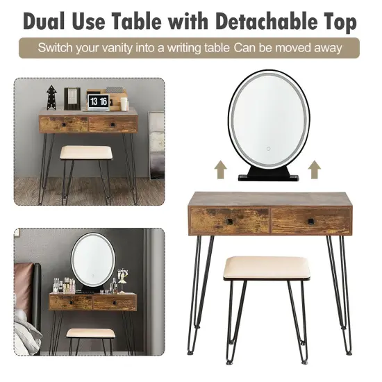 Costway Vanity Makeup Dressing Table W/ 3 Lighting Modes Mirror Touch Switch Rustic\Coffee {10}