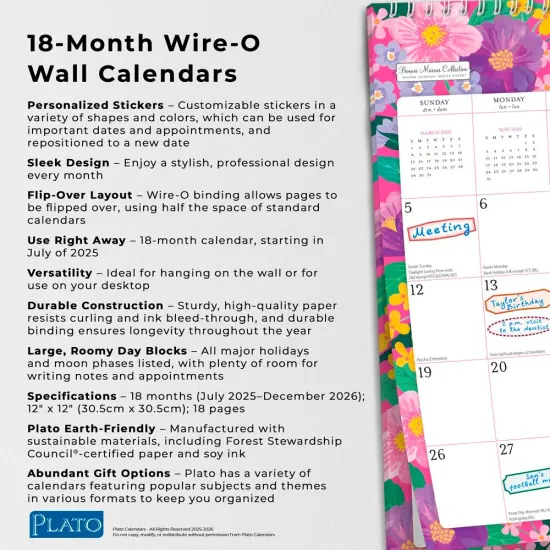 Bonnie Marcus OFFICIAL | 2026 12 x 12 Inch (Hanging) 18 Months Monthly Square Wire-O Calendar | Sticker Sheet | July 2025 - December 2026 {6}