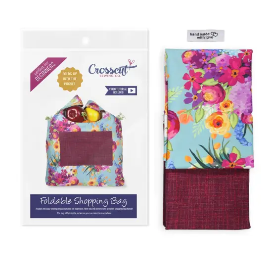 Crosscut Sewing Co.&reg; Foldable Shopping Bag Sewing Kit - Beginner Sewing Project Kit Teal floral {1}