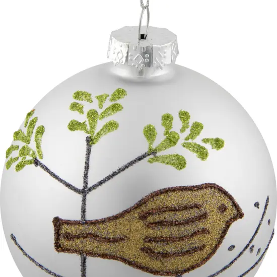 Northlight Glitter Bird Christmas Glass Ball Ornaments - 4" (100mm) - White and Gold - Set of 4 {7}