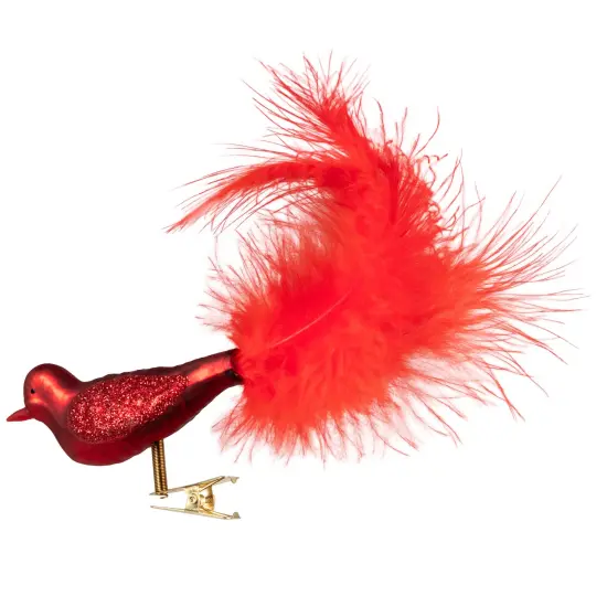 Northlight Glitter Winged Bird with Tail Clip On Glass Christmas Ornament - 5.5" - Red Orange {5}