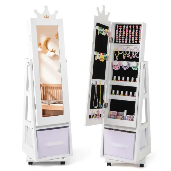 Costway Kids Jewelry Cabinet with Full-Length Mirror Foldable Drawer Anti-toppling System White/Pink {7}