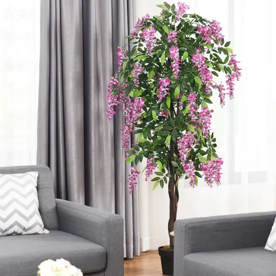 Costway 2 PCS 6 FT Artificial Wisteria Silk Tree Pink Flower Indoor-Patio Home {5}