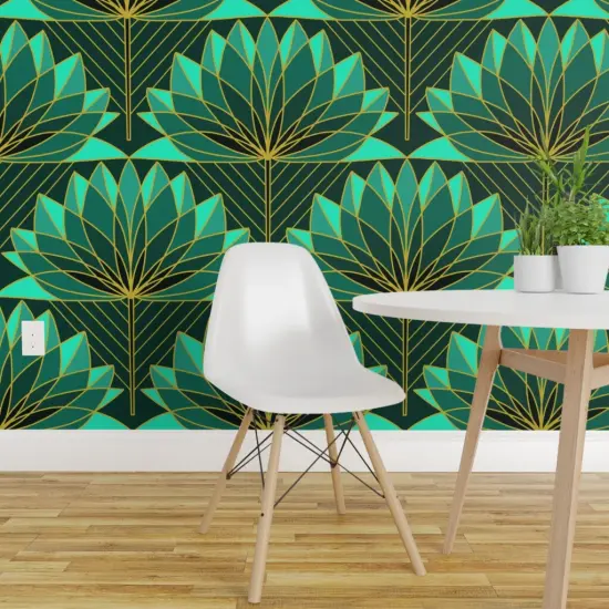 Peel & Stick Wallpaper 2FT Wide Lotus Floral Green Yellow Geometric Scallop Fan Turquoise Luxe Abstract Custom Removable Wallpaper by Spoonflower {1}