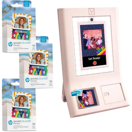 HP Sprocket Photobooth 3x4" Photo Printer Bundle w/3.5 x 4.25&rdquo; Zink Photo Paper (300 Sheets) White {7}