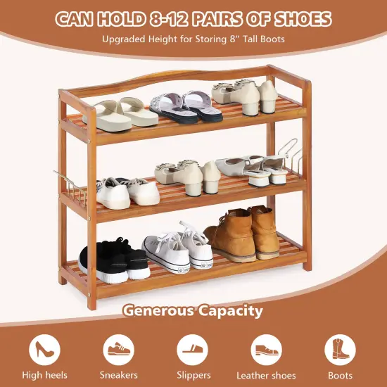 Costway 3-TierWood Shoe Rack Solid Acacia Wood Shoe Shelf with Side Metal Hooks {6}