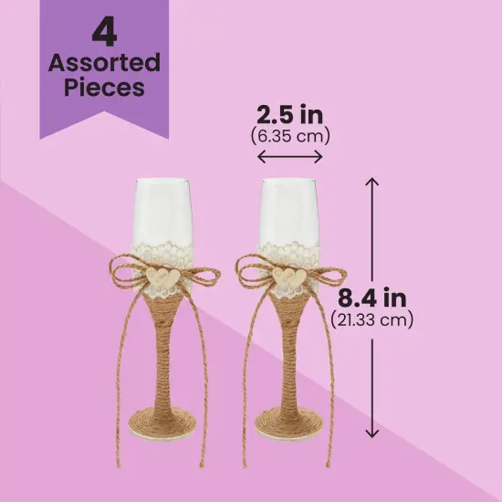 4 Piece Rustic-Style Wedding Cake Knife and Server Set with Champagne Glasses for Bride and Groom, Farmhouse Theme Reception, Country Decorations Multicolor {5}