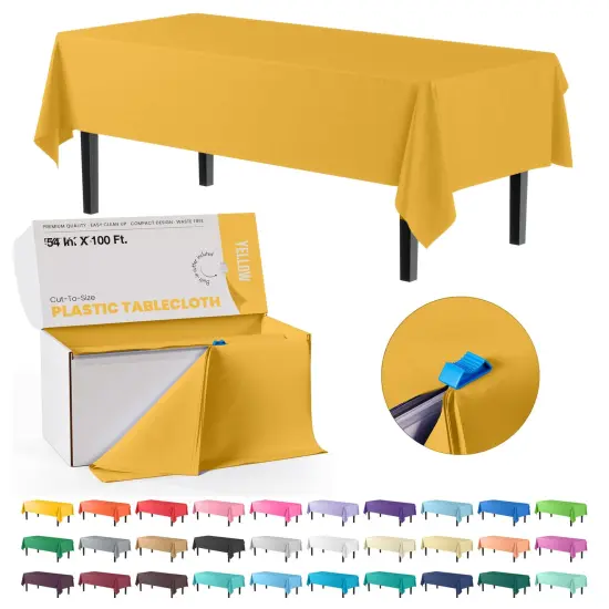 Exquisite Party Solids 54" x 100' Plastic Table Cover Roll with Slide Cutter &ndash; Cut-to-Size Dispenser Box &ndash; Makes Up to 36 Disposable 8' Rectangle Tablecloths Yellow {1}