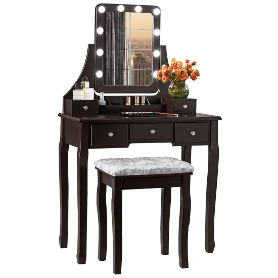 Costway Vanity Dressing Table Set w/ 10 Dimmable Bulbs Touch Switch Cushion Stool White\Black\Brown {4}
