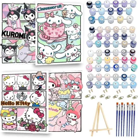 Paint by Numbers Kit for Adults Framed Canvas, 4 Pack with Wooden Easel,Paint by Numbers for Kids Ages 8-12, Cartoon DIY Acrylic Landscape Oil Painting Arts Crafts, 9.45x11.8inch {1}