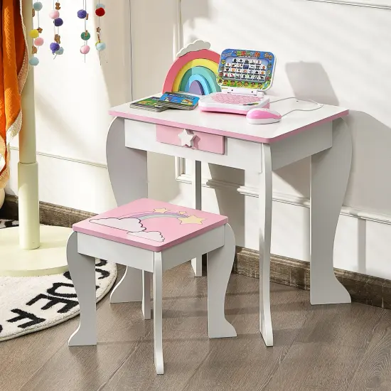 Costway Kids Vanity Makeup Dressing Table Chair Set Wooden W/ Mirror Drawer {5}