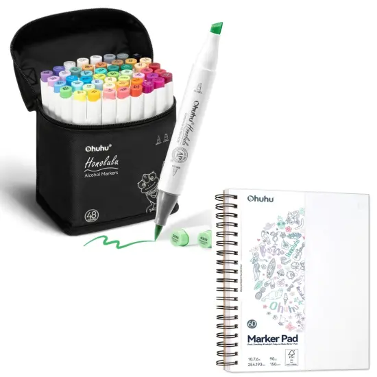 Ohuhu Honolulu 48 Colors Alcohol Markers + 7.6" x 10" Double-Sided Bleedproof Marker Pad {1}