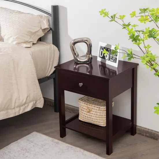 Costway Nightstand with Drawer Storage Shelf Wooden Bedside Sofa Side Table White\Brown {4}
