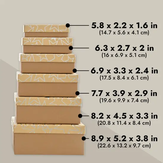 Set of 10 Nesting Gift Boxes with Lids, Cardboard Box with Silver Foil Star Designs (10 Sizes) Brown {4}