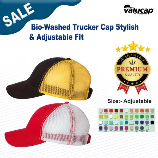 Valucap&reg; Bio Washed Trucker Cap Stylish & Adjustable Fit Navy/ White {3}