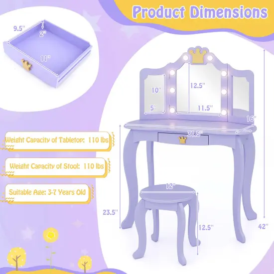 Costway Kids Vanity Set Princess Vanity Table & Chair Set with Lighted Mirror White/Pink/Purple {3}