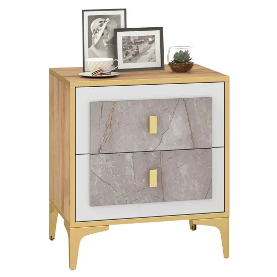 Costway 1/2 PCS Nightstand with Storage Faux Marble Surface Accent Table with 2 Pull-out Drawers {7}