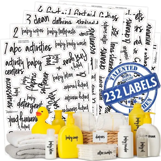 Talented Kitchen Baby & Nursery Labels &ndash; 232 Script Kids Bedroom Storage Labels for Dressers, Toys, Stuff, Closet, Changing Table Organization Black {4}