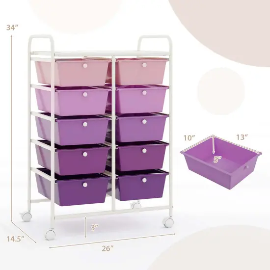 Costway 10-Drawer Storage Cart Utility Rolling Trolley Kitchen Office Organizer Black/Clear/Macaron/Grey/Black Gardient/Multicolor/Pink/RainbowithWhite/Hot Pink/Skin Pink/Purple {3}
