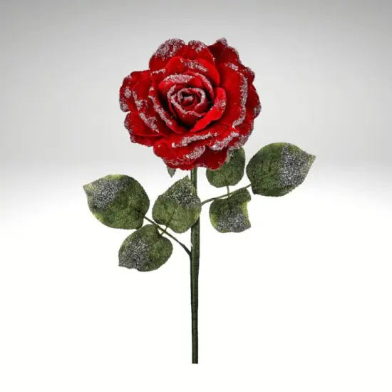 25" Red Velvet Rose Stem with Snow Frost &ndash; Artificial Christmas Rose Pick for Holiday Floral Arrangements-MTX74464 {2}