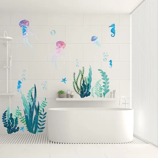 Nuanchu 28 Pcs Under The Sea Wall Decals Glow in The Dark Sea Turtle Ocean Grass Seaweed Jellyfish Peel Stick Underwater Wall Decoration for Kids Bedroom Bathroom Toilet (Vivid Style) {5}