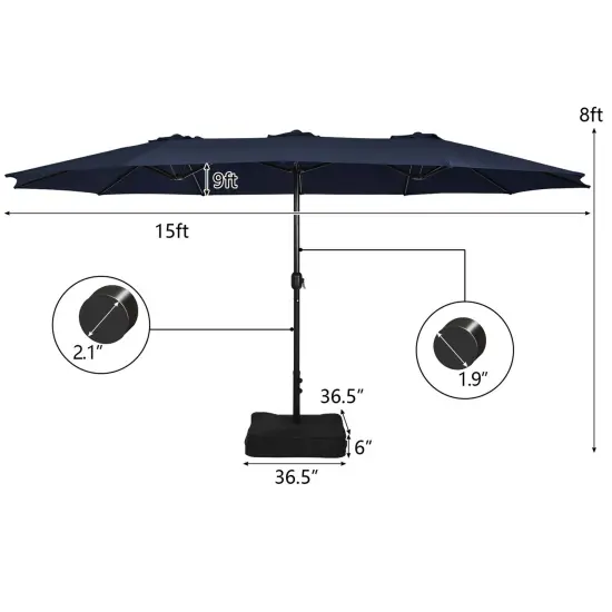 15FT Double-Sided Twin Patio Umbrella Sun Shade Outdoor Crank Market Base Beige/Coffee/Grey/Orange/Navy/Turquoise/Wine {3}