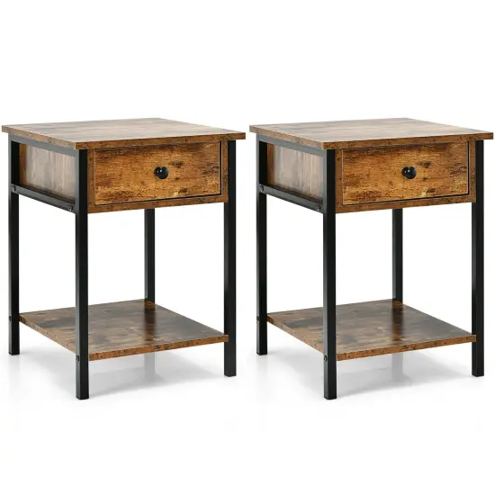 Costway 2PCS Industrial End Side Table Nightstand with Drawer Shelf Rustic Brown {1}