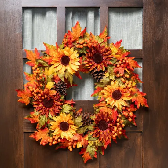 Northlight Sunflower and Pine Cone Artificial Thanksgiving Wreath - 24" Orange {1}