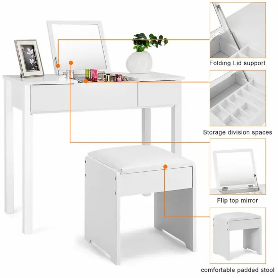 Costway White Vanity Dressing Table Furniture Stool Storage Box {3}
