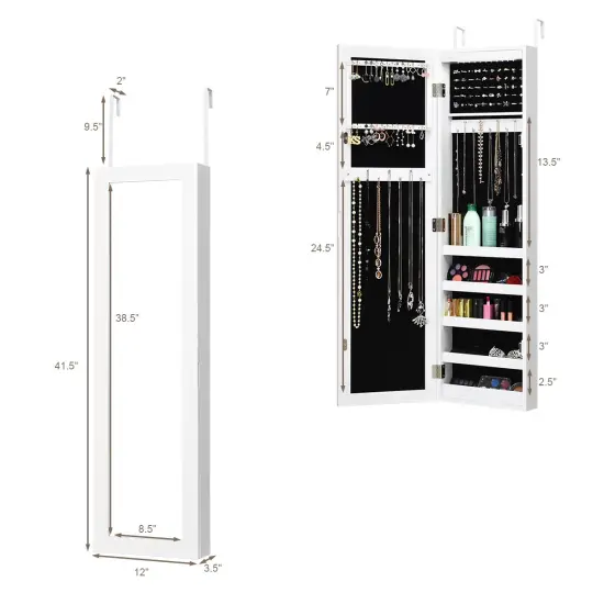 Costway Wall Door Mounted Mirrored Jewelry Cabinet Organizer Storage w/LED Light White {4}