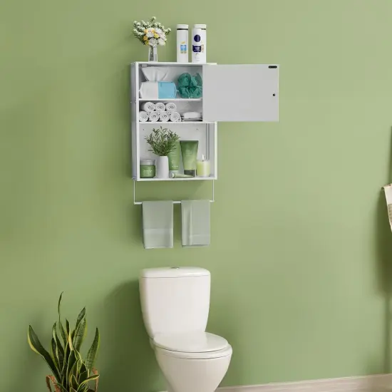 White Wall-Mounted 3-Tier Bathroom Cabinet with Towel Bar - Over Toilet Storage Shelf, Medicine Cabinet for Bathroom, Laundry, Bedroom, Kitchen (7.8"D x 16.9"W x 29.2"H) {6}