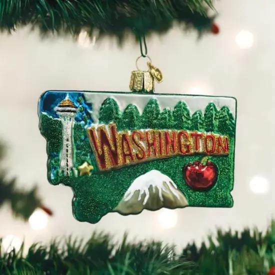 Old World Christmas 3.5 Inch State Of Washington Christmas Tree Ornament , State Olympia Space Needle Green {3}