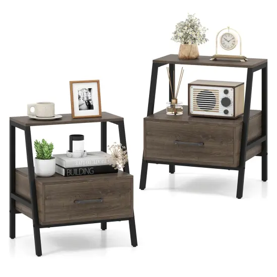 Costway 1/2 PCS Nightstand with Drawer Farmhouse 3-Tier Bedside Table with Open Shelf End Table {8}