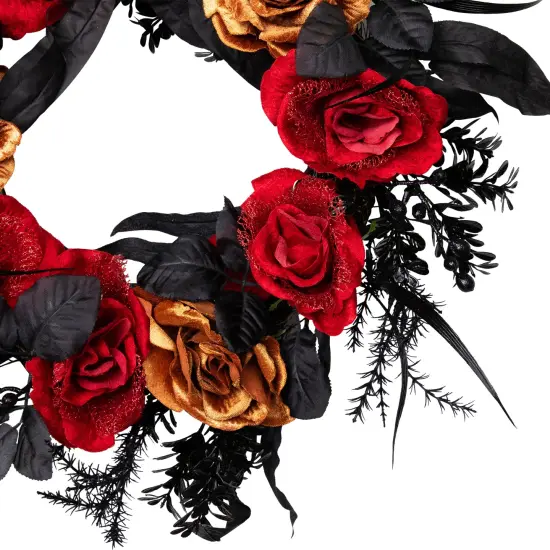 Northlight Roses with Mixed Foliage Halloween Wreath - 22" - Red and Gold - Unlit Black {5}