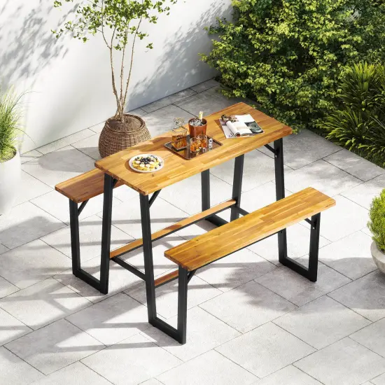 Costway Patio Picnic Table Bench Set with Acacia Wood Tabletop Benchtop Built-in Footrests {5}