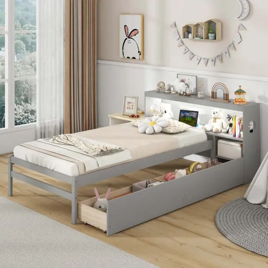 Costway Twin Size Bed Frame with LED Light & Power Outlet Bookcase Headboard Drawers White/Gray {12}