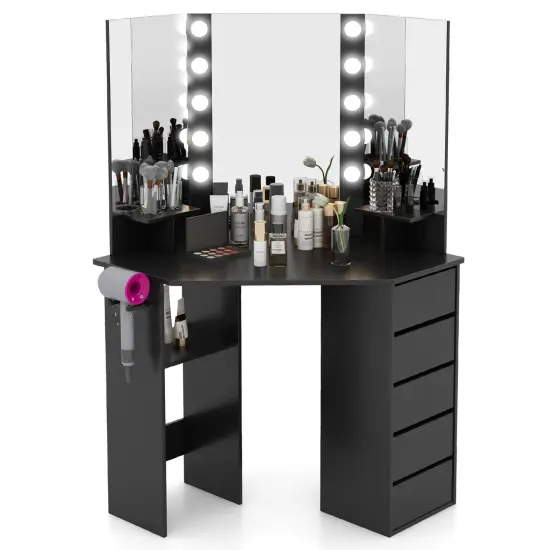 Costway Corner Vanity Desk Cosmetic Vanity Station with LED Mirror,& Power Outlets Black/White {7}